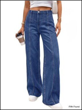 High Rise Wide Leg Stretchy Jeans No Pocket Pull On Denim Pants